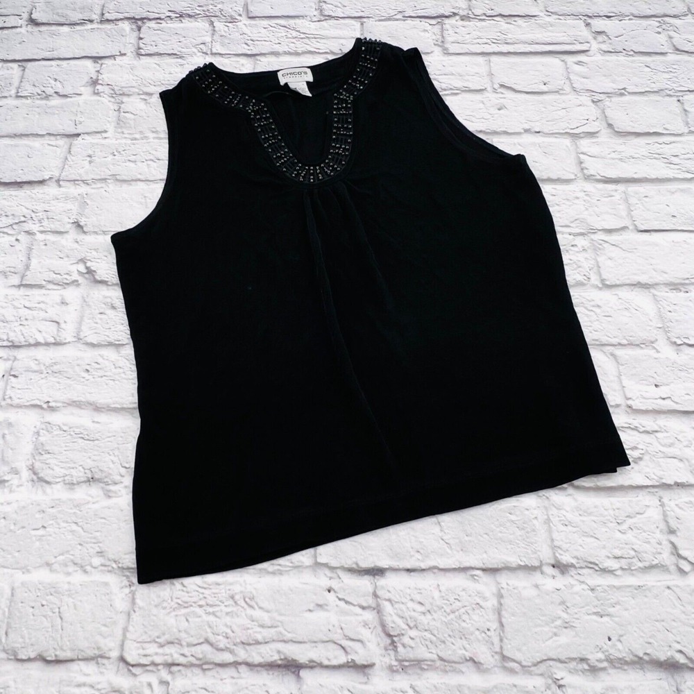 Chicos Travelers Black Beaded Split Neck Ribbed Tank Top Sleeveless Size 2 L